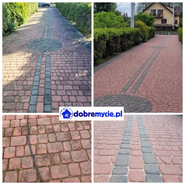 Mycie kostki brukowej przed i po. 