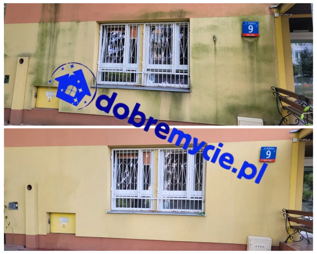 efekt czyszczenia elewacji przed i po. Mycie elewacji przedszkola na ursynowie. Czyszczenie elewacji w Warszawie