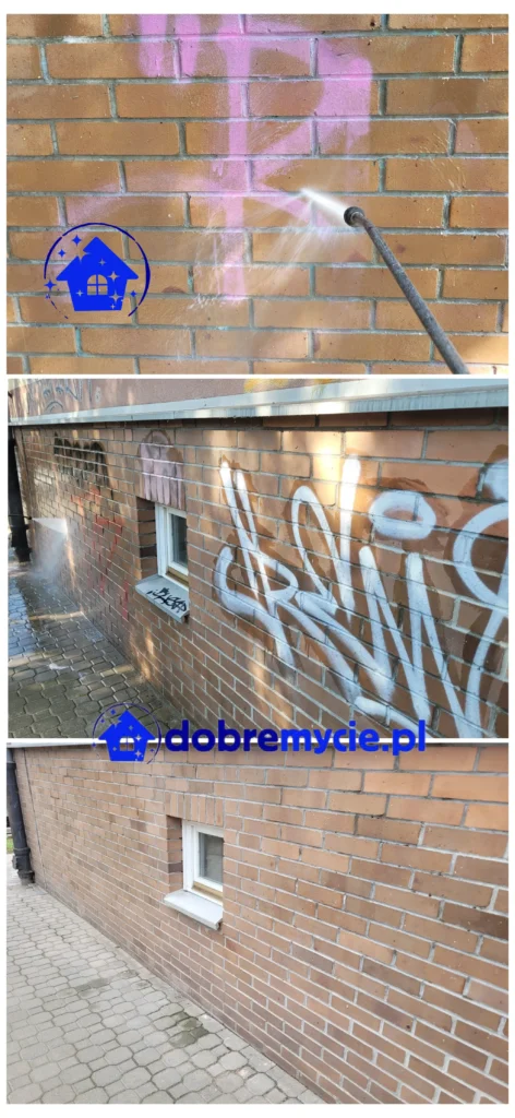 Proces usuwania graffiti w Warszawie przed i po.
