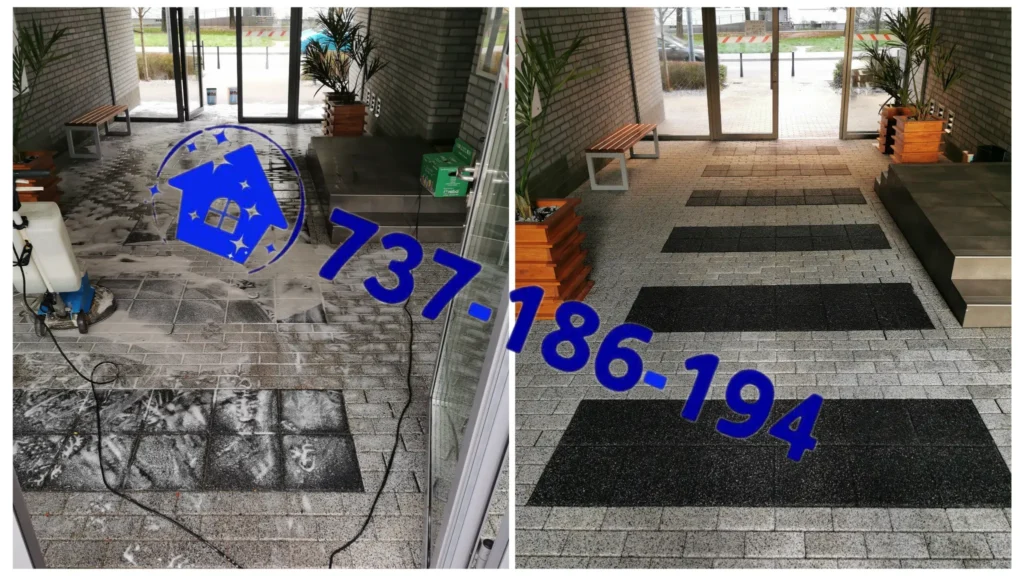 Mycie wejścia na osiedle mieszkaniowe na Żolibożu w Warszawie